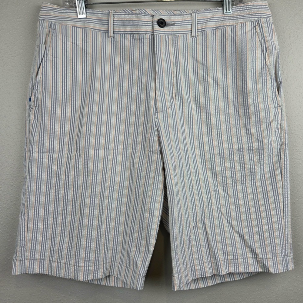 Tommy‎ Bahama Mens 34 Seersucker Striped Shorts Blue Orange Performance Stretch